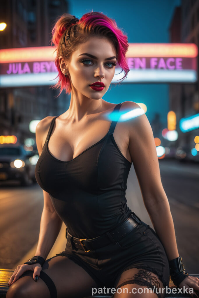 Slim model with pink hair and emerald green eyes in Night City