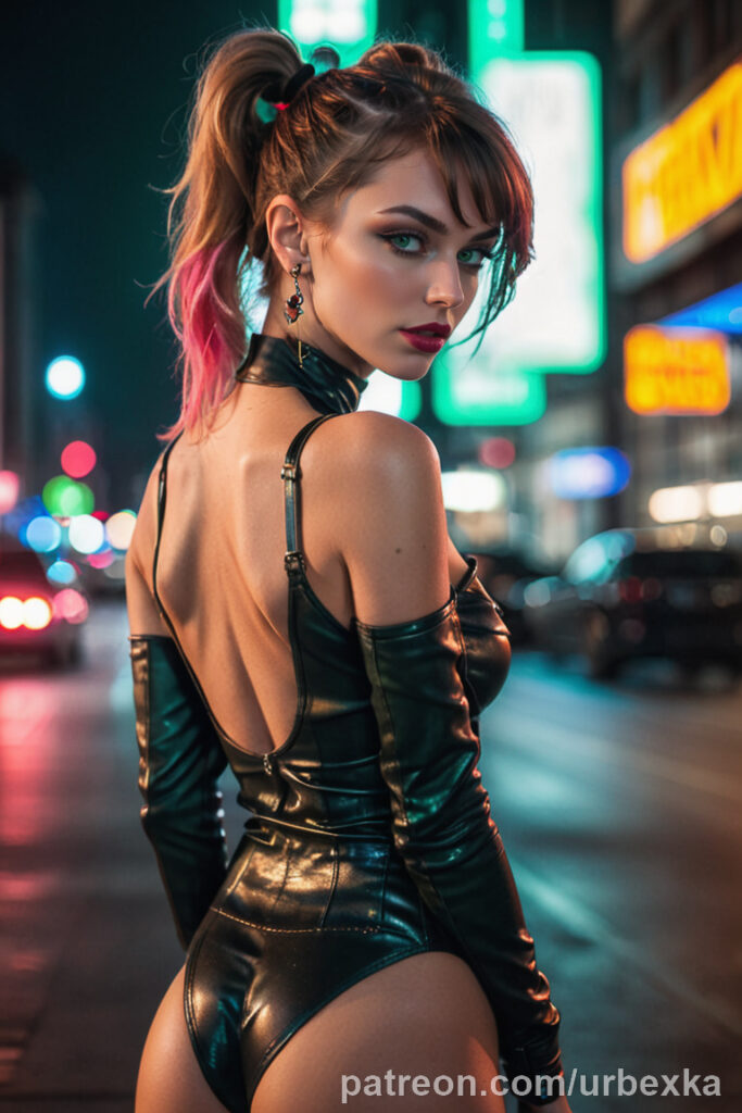 Cyberpunk model with pink hair and green eyes in a neon-lit Night City