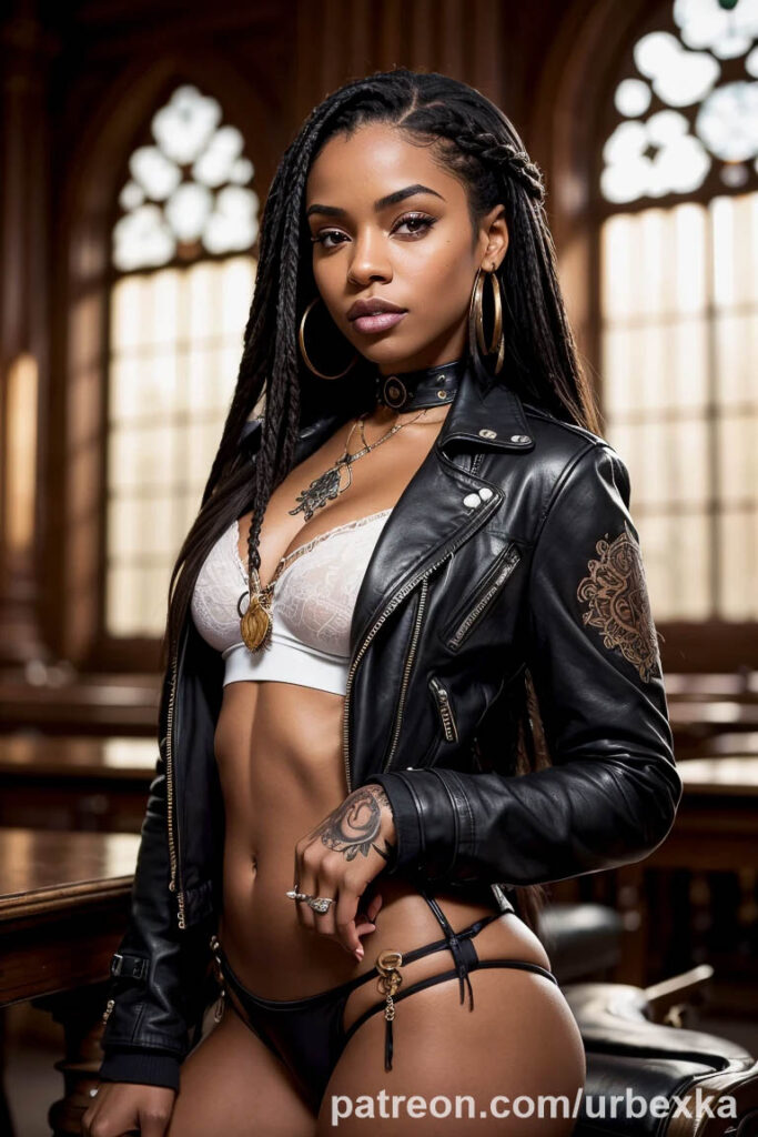 Braids and elegance, model posing in a sophisticated library environment.