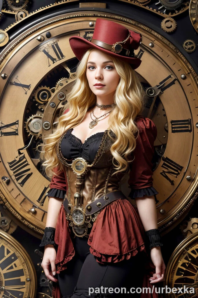 Captivating steampunk model showcasing intricate brass accessories.