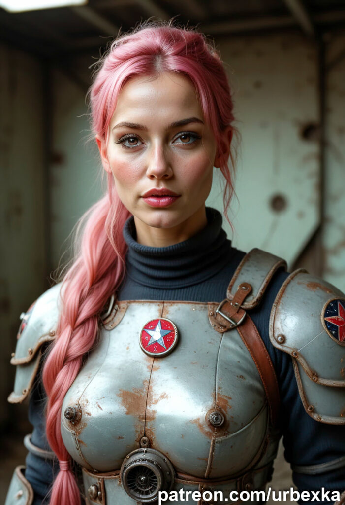 Fierce pink-haired model showcasing resilience in the barren wasteland.