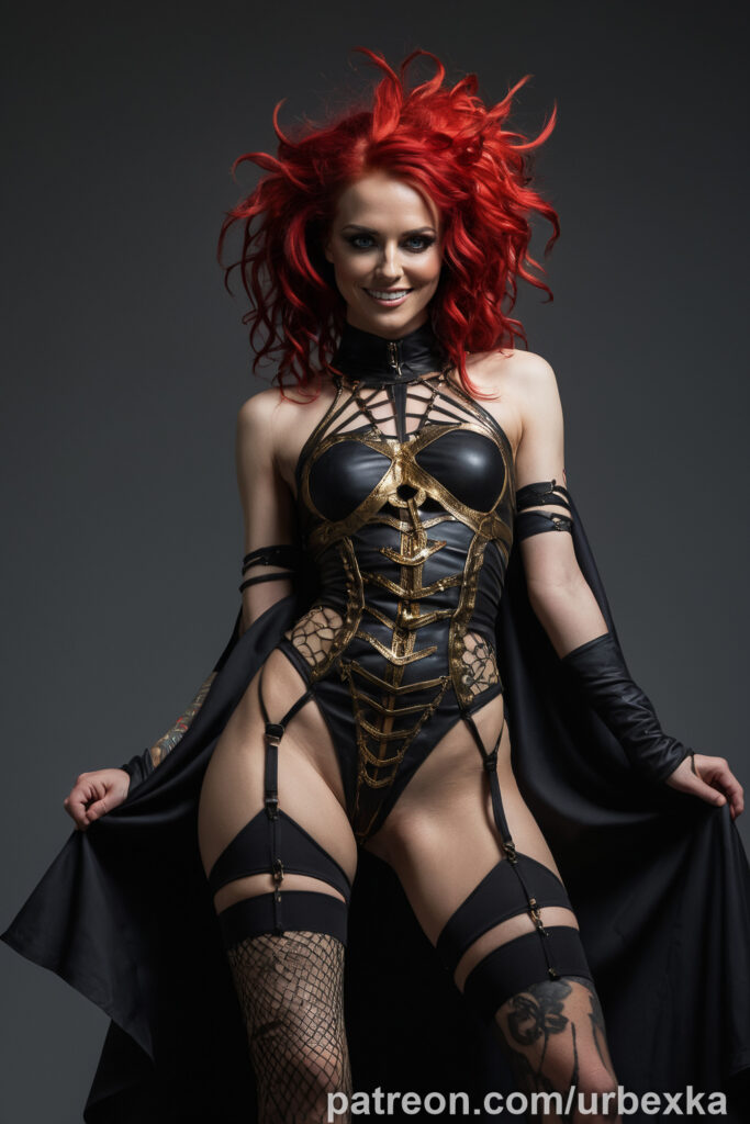 a stunning red-haired model in a dark, baroque-inspired setting filled with mystery and allure