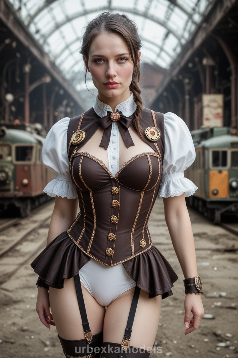 A pale Nordic model explores abandoned spaces in steampunk styling, blending rust, gears, and ethereal elegance within decay.
