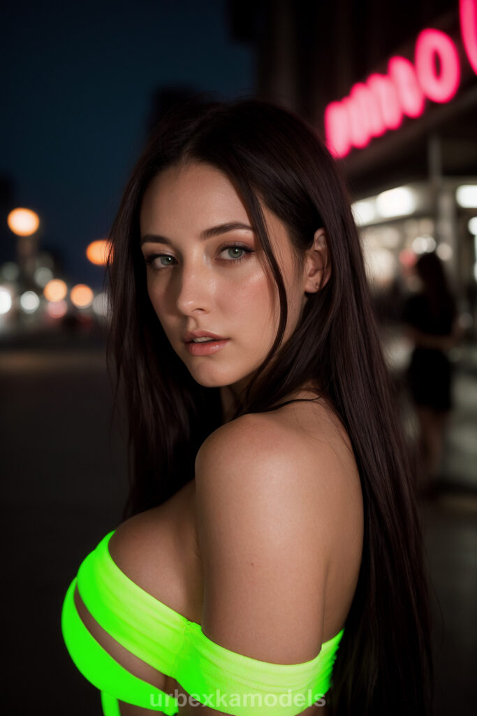 A cyberpunk-inspired photo gallery featuring a stunning brunette model posing under neon lights in the heart of a futuristic city.
